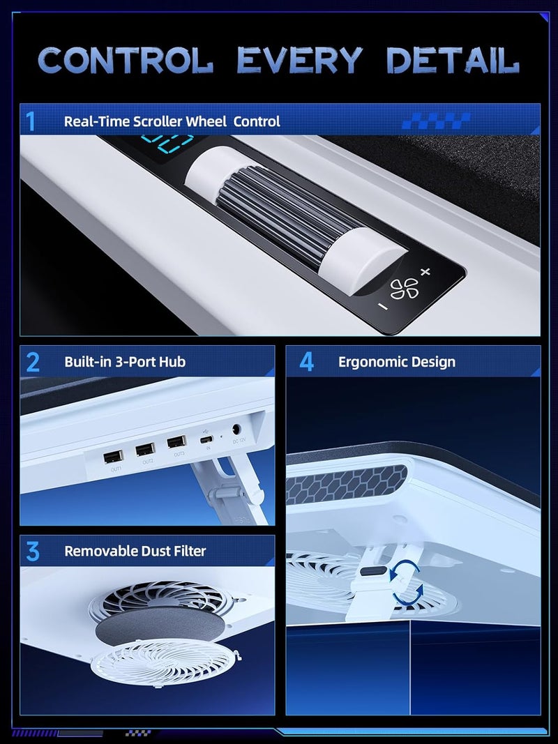 llano وسادة تبريد لابتوب V12 مع مروحة توربينية 5.5 بوصة – تبريد عالي السرعة لأجهزة اللابتوب المخصصة للألعاب من 15-19 بوصة، سرعة قابلة للتعديل وتحكم باللمس، محور USB 3-Port، مع وسادة ماوس، بيضاء (بدون RGB) - Image 4